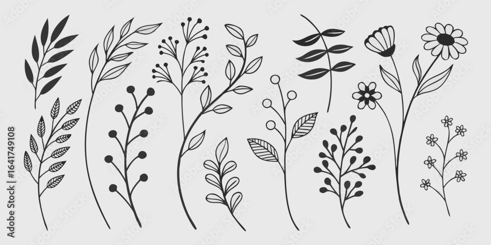 Fototapeta premium Vector floral pattern with black and white leaves, branches, and swirling ornaments, perfect for a seamless vintage nature design