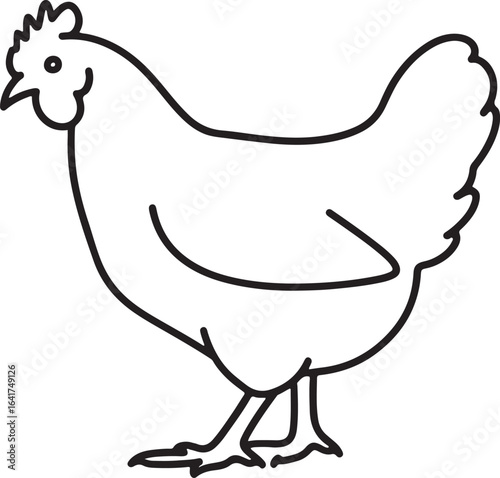 a minimal black outline drawing of a chicken with a red comb on a white background.