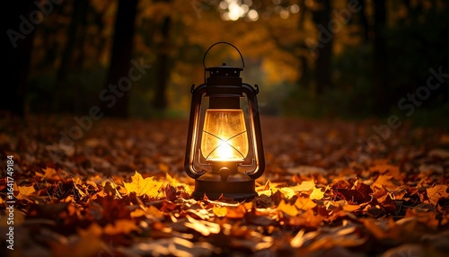 Glowing lantern sits amidst autumn leaves on a forest path at dusk