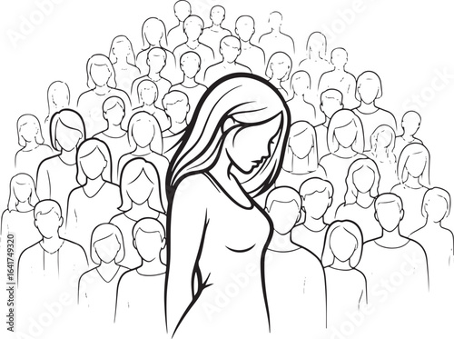 A solitary woman with her head bowed standing out from the anonymous crowd of people