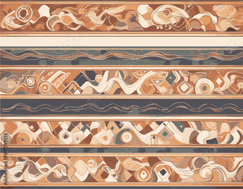  A composition featuring horizontal bands of abstract patterns and shapes in earth tones, evoking organic and artistic vibes. Ideal for design inspiration