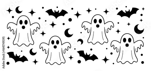 Cute ghost bats moons stars and dots halloween graphic design vector