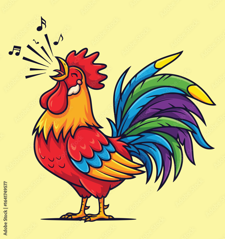 Fototapeta premium a vibrant stylized drawing of a rooster crowing with musical notes coming from its mouth.