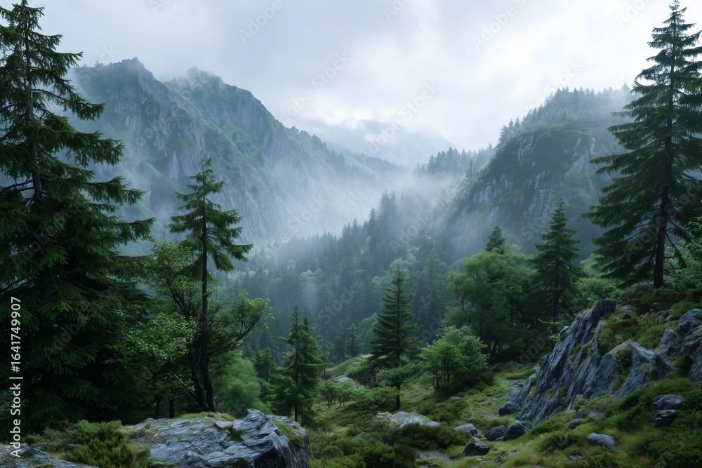 Obraz premium Foggy mountain landscape with lush green trees. Mystical forest valley in misty weather. Nature background for serenity concept.