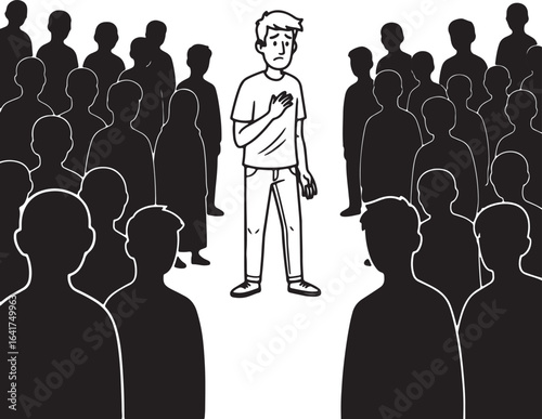 isolated sad man standing alone with his hand on his heart in a crowd of shadowy people.