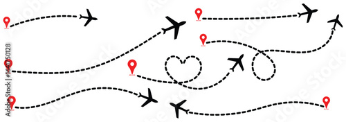Airplane routes set.Plane route line.Planes dotted flight pathway.Plane paths. Aircraft tracking, planes, travel map pins location pins. Romantic travel, heart dashed line trace and plane routes eps10