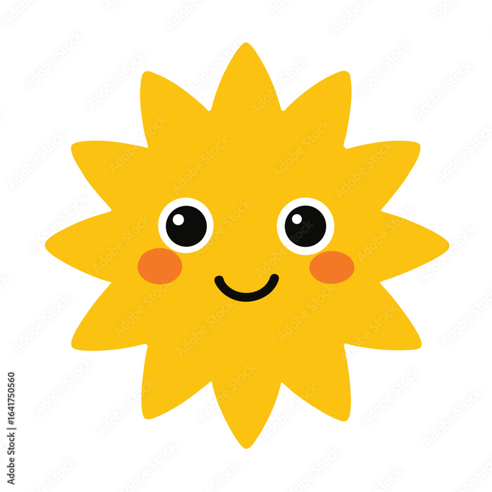 Fototapeta premium Smiling sun character glowing warmly with joyful happy expression Vector illustration