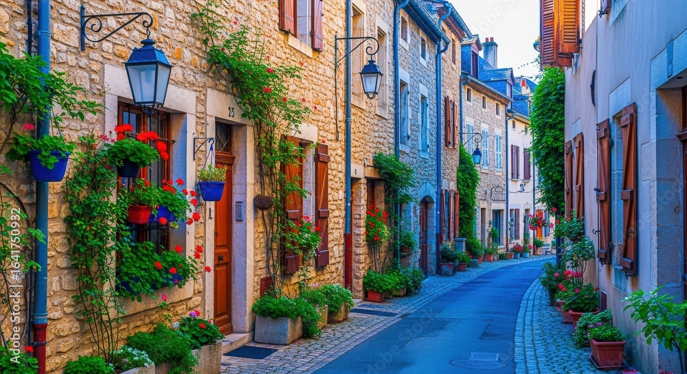 Fototapeta premium Charming European Street Scene with Colorful Flowers, Cobblestone Road, and Historic Architecture, Perfect for Travel and Tourism