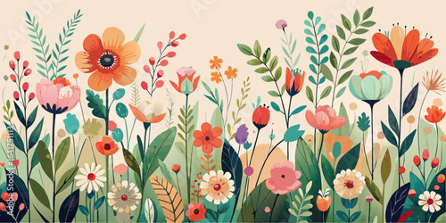 Vibrant tulips and diverse spring flowers dance in the wind amidst grassy meadows, creating a seamless floral pattern perfect for a nature-inspired design or decorative wallpaper