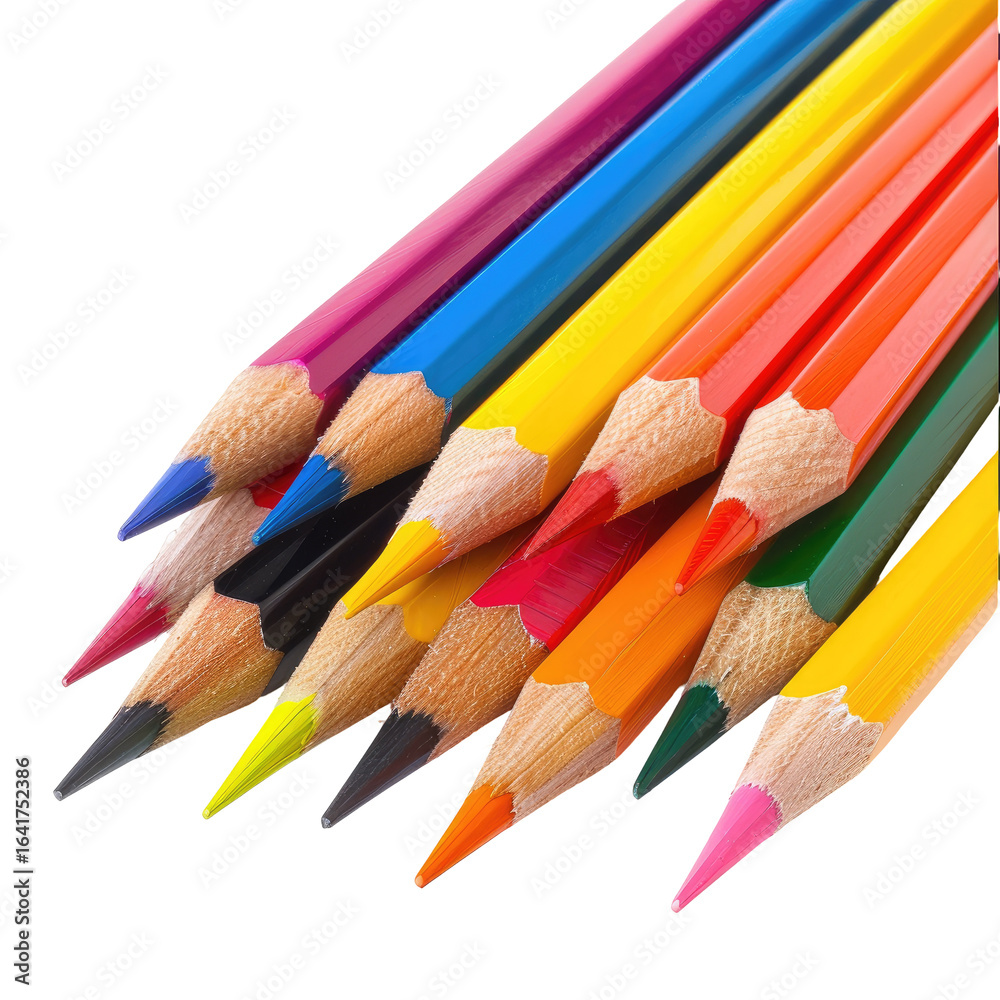 Fototapeta premium Colorful pencils arranged on white background, ready for drawing or art class