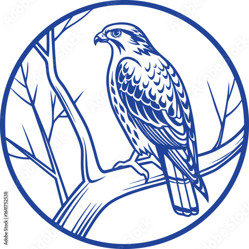 Elegant hawk illustration perched on branch, a symbol of strength and vision in deep blue