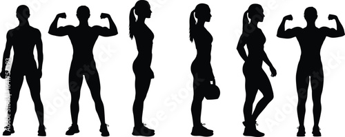 Fitness silhouettes, strength training, workout poses, gym exercises, muscle building,
body strength, perseverance