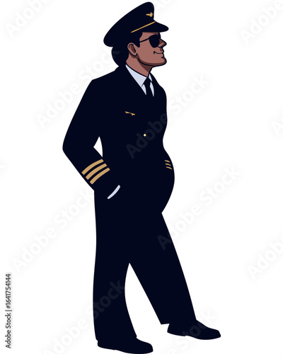 airline pilot in uniform with sunglasses, flat vector, white background