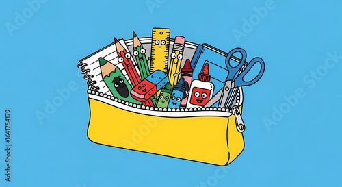Cartoon illustration of a yellow pencil case filled with cheerful school supplies. Back to school and education concept.