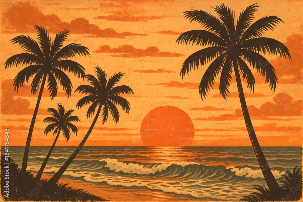 Obraz premium Sunset beach with palm trees and ocean silhouette