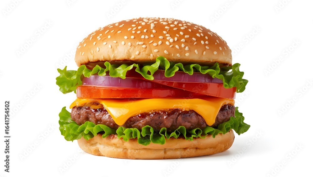 A classic cheeseburger with lettuce, tomato, and onion on a bun A classic cheeseburger with lettuce, tomato, and onion on a bun