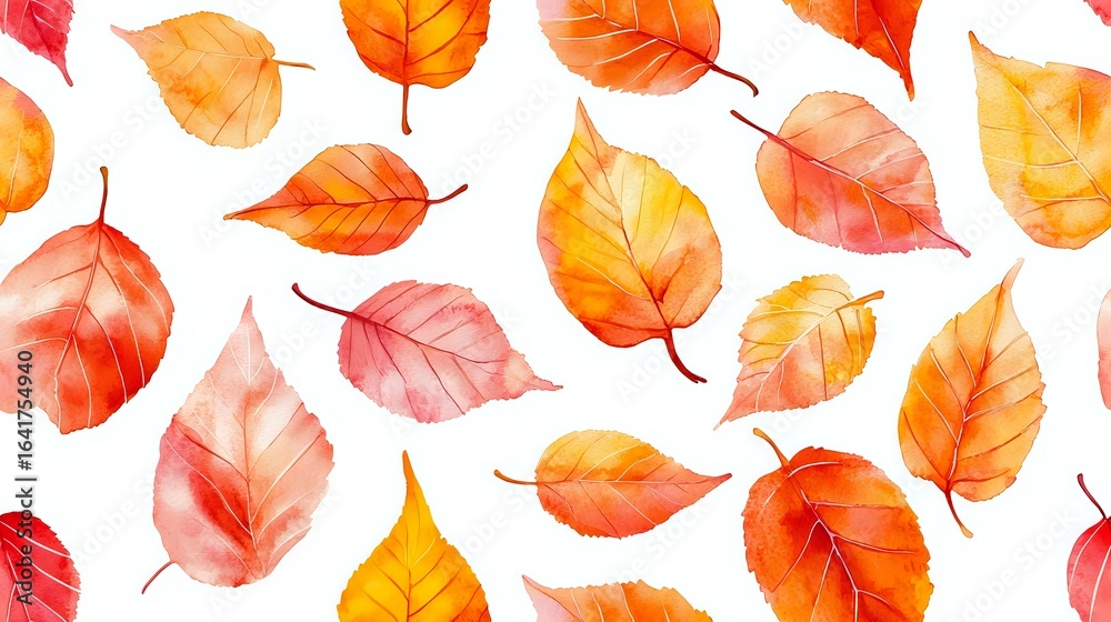 Fototapeta premium Watercolor autumn leaves in orange and red shades scattered on white background, seamless pattern for fabric, wallpaper and seasonal designs.