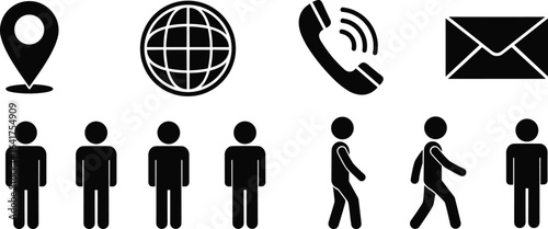 Communication icons, navigation symbols, business tools, people pictograms, location markers, internet signs, phone graphics, email envelope, vector, 
professional, digital, workplace, technology