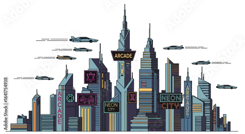 Futuristic Neon City Skyline with Flying Cars.