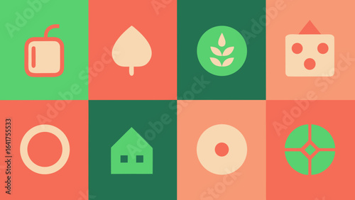 Geometric Icons Representing Nature Technology and Home on a Color Block Background symbol graphic