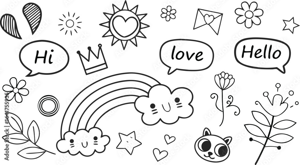 cute hand drawn doodle vector set, love, Natural , firework, cloud, weather, rainbow, snow, heart. a seamless doodle vector illustration filled with cute and playful hand-drawn elements in black outli