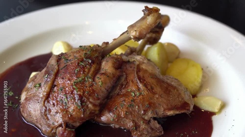 Delicious duck confit with potatoes and sauce served on a white plate