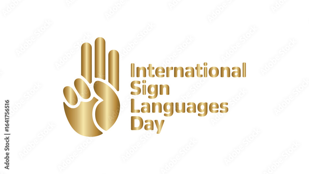 Fototapeta premium International Sign Languages Day Golden Hand Symbol with Fingers and Elegant Typography