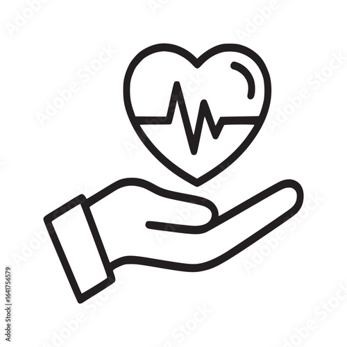 Line art of a hand holding a heart with an ekg wave representing healthcare and well being concept