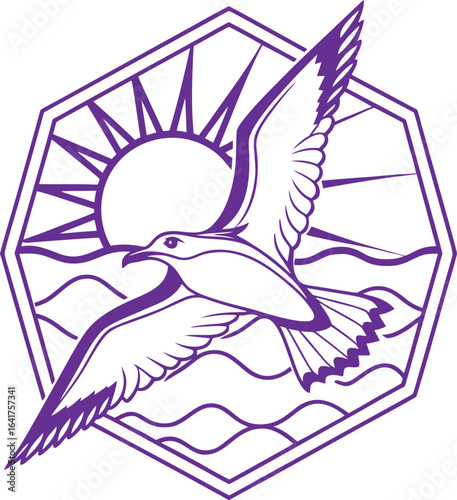 Majestic seagull soars above the ocean waves at sunset, framed in modern geometric design