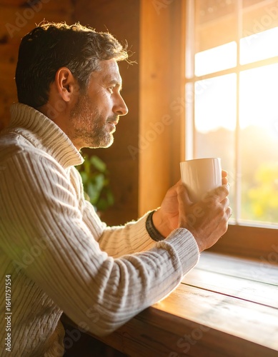 Man enjoying coffee by window