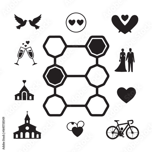 Collection of wedding and romance icons featuring couple, church, champagne, doves, hearts, and bicycle isolated on white background