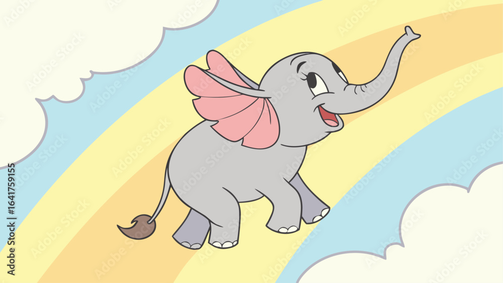 Obraz premium Cartoon elephant with wings on rainbow