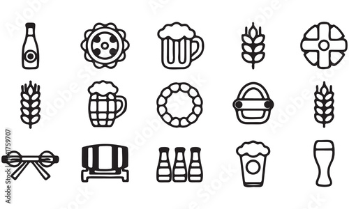 Oktoberfest Line Icons Set – Beer Mugs, Barrels, Sausage, Wheat