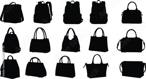 Bag silhouettes, backpack shapes, handbag designs, shoulder bag styles, black icons, fashion accessories, isolated, comparison layout, vector graphic, white background