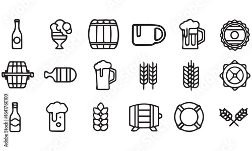 Oktoberfest Line Icons Set – Beer Mugs, Barrels, Sausage, Wheat