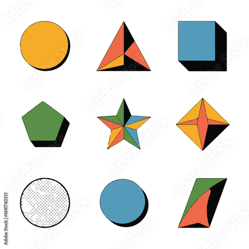Set of nine colorful geometric shapes with shadows isolated on white background