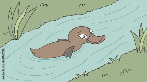 Cartoon platypus swimming in stream