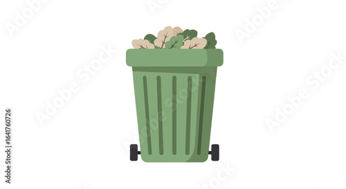 Flat vector illustration of compost bin with leaves in pastel green and beige tones