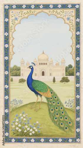 Seamless Mughal vector pattern featuring elegant peacock, intricate floral motifs, and Middle Eastern design ideal for weddings and décor