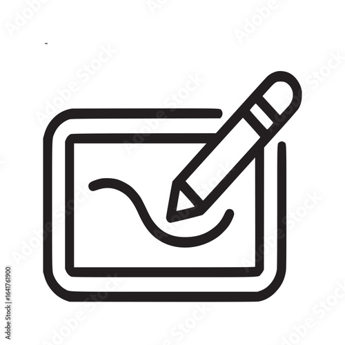A digital drawing tablet with a stylus creating a curved line in a simple black and white icon style