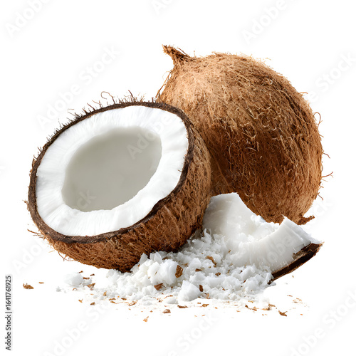 Fresh coconut halved with coconut flakes isolated on transparent background