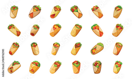 Breakfast Burrito Vector Illustration – Warm Tortilla Filled with Eggs, Cheese, Vegetables, and Meat – Colorful Mexican Food Clipart for Menu Design, Restaurant Branding, and Packaging