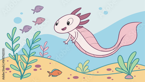 Cartoon axolotl swimming underwater with fish and plants