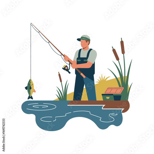 Man fishing with caught fish on rod by blue water and reeds reel