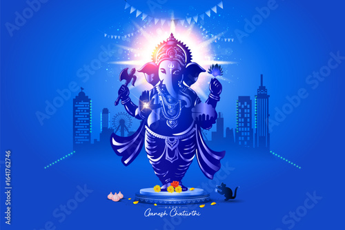 Happy Ganesh Chaturthi festival. Indian Lord Ganpati Ganesha with City skyline background Vector illustration.