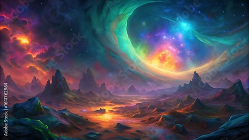 Wallpaper Mural A colorful cosmic landscape with mountains and stars in the night sky Torontodigital.ca