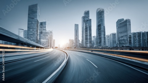 Dynamic Cityscape View with Blurred Motion on Asphalt Road and Modern Architecture, Emphasizing Speed and Urban Development