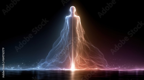 A 3d human or humanoid hologram of data symbolizing an AI agent and AGI technology using agentic superintelligence in the future for autonomy and the growth of ASI during the singularity