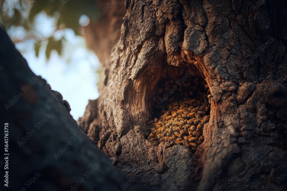 Fototapeta premium Bees gather in a hollow tree trunk during a sunny afternoon in a tranquil forest setting