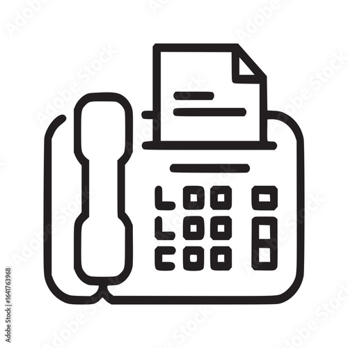 Line art illustration of a fax machine with handset and paper coming out on a white background